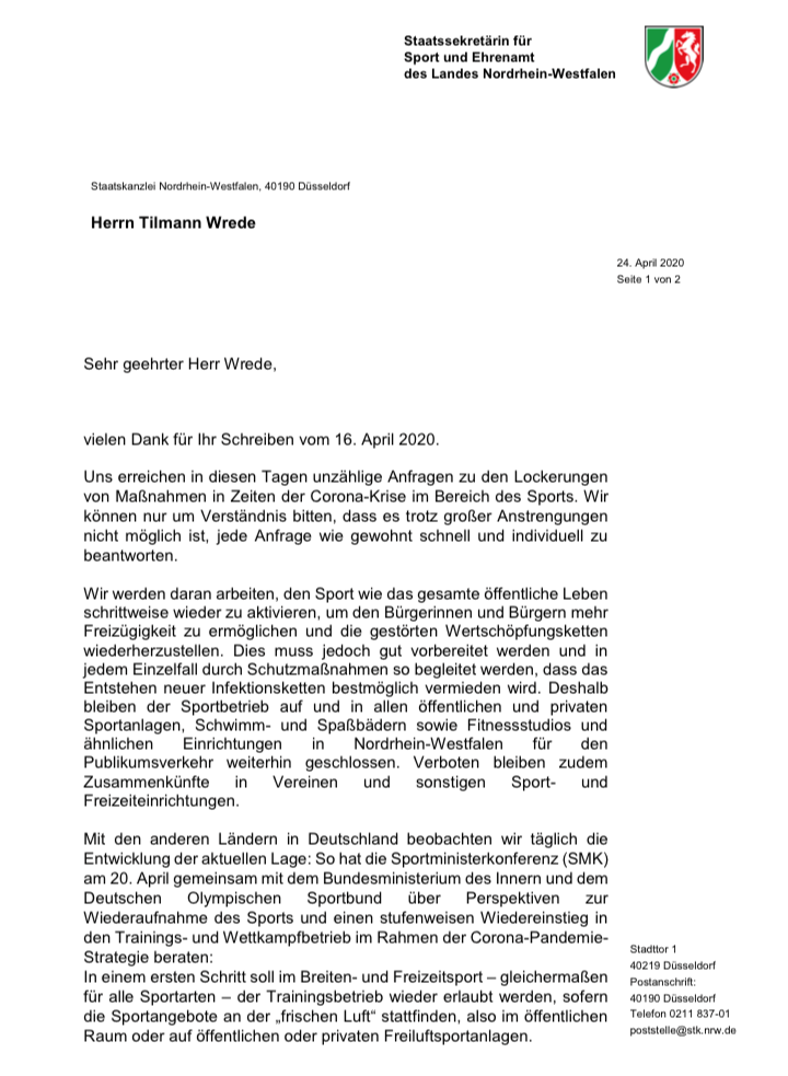 Antwortschreiben von NRW Statssekretärin Milz S1